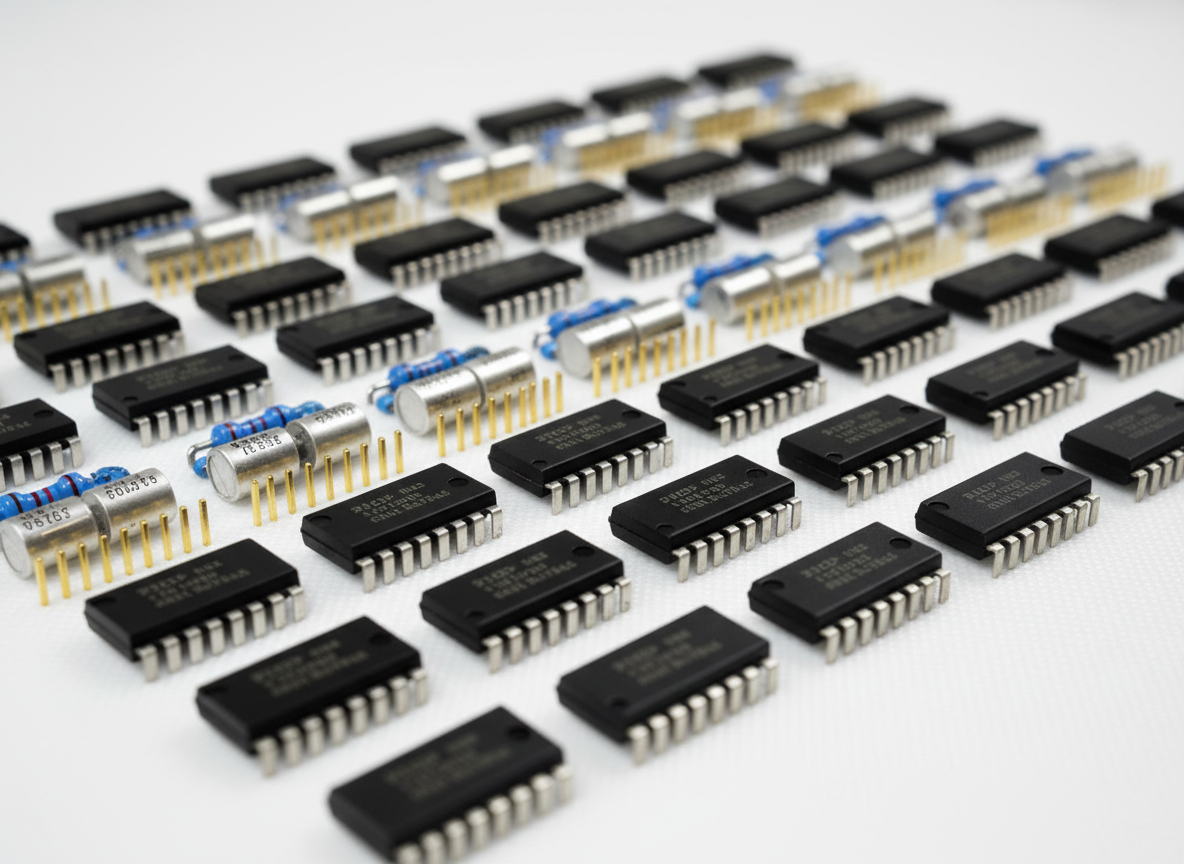A close-up, photographic realism image of a neatly organized array of electronic components, including glossy black integrated circuits, blue resistors, gold-plated connectors, and silver capacitors, all arranged in perfectly aligned rows on a clean white anti-static mat. The components are labeled with tiny laser-etched codes, edges crisp and pristine, emphasizing the idea of original, in-stock parts. Soft studio lighting from above creates subtle reflections on metallic surfaces and gentle shadows between rows, highlighting precision and quality. Shot from a slightly elevated angle with shallow depth of field, the foreground components are razor sharp while the background softly blurs, creating a professional, modern, and highly technical atmosphere ideal for a global electronic components supplier homepage hero image.